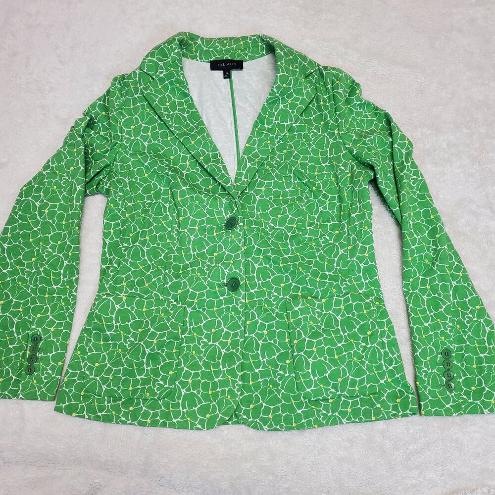 Talbots Kelly Green White Abstract Floral Button Casual Cardigan Blazer Women M
